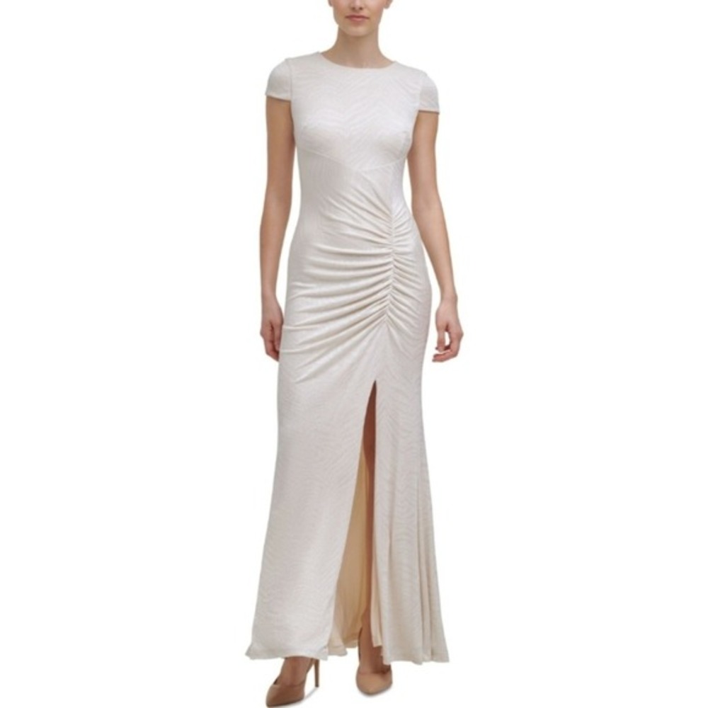 CALVIN KLEIN Womens Ivory Stretch Glitter Textured Slitted Zippered Ruched dress